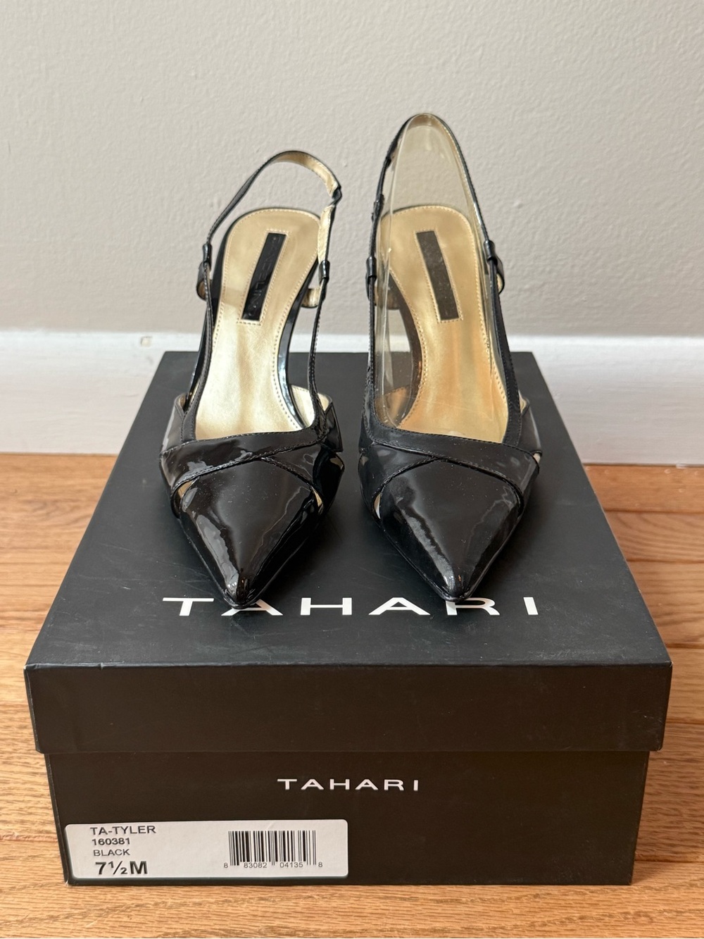 Tahari Black Patent Pointed Slingback Pumps